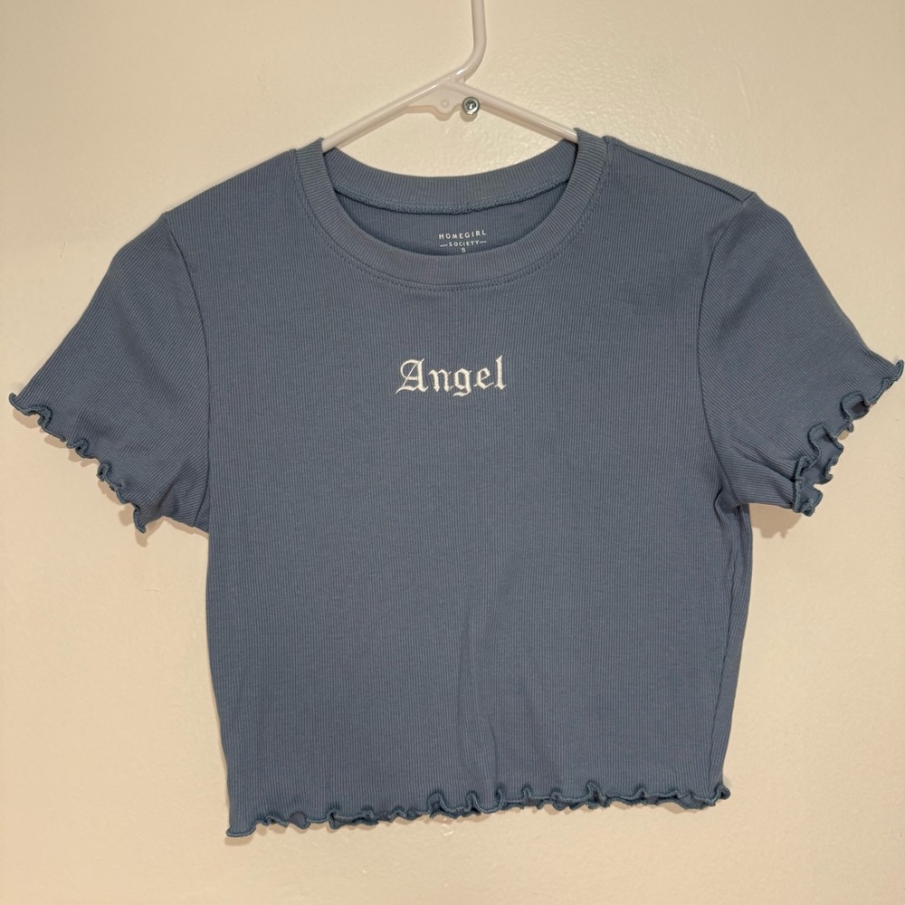 Angel Blue Ruffle Trim Crop Top